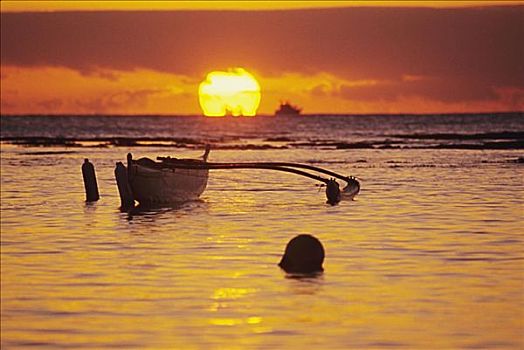 夏威夷,独木舟,剪影,海洋,日落,橙色,反射,水上,太阳,地平线