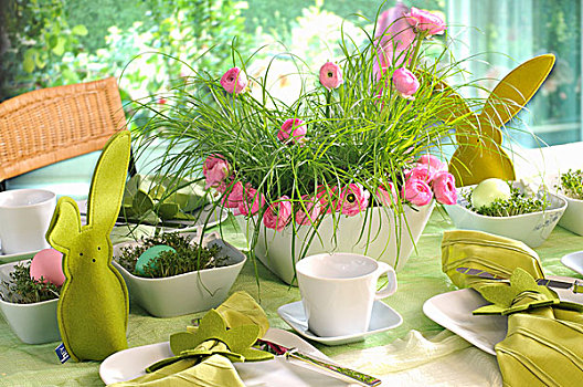复活节蛋巢,花,安放,桌子