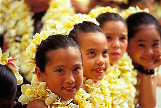 夏威夷,微笑,女孩,等待,跳舞,草裙舞,黄色,鸡蛋花,花环