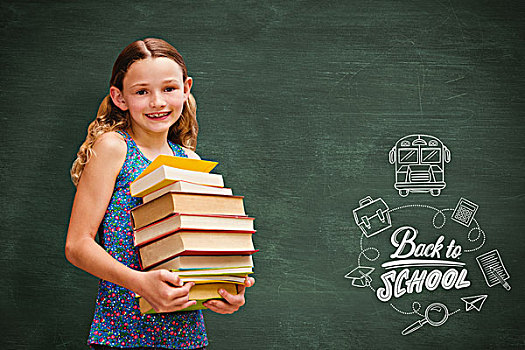 合成效果,图像,可爱,小女孩,书本,图书馆,绿色,黑板