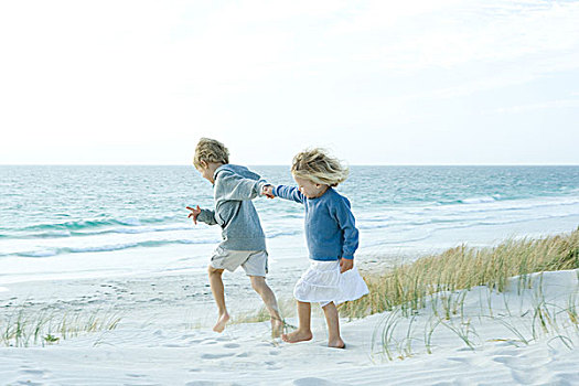 姐妹,兄弟,握手,海滩