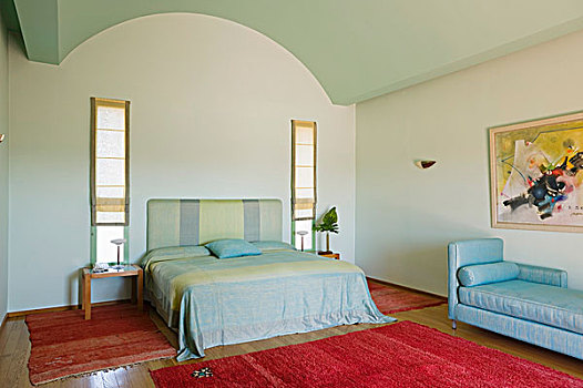 简单,卧室,红色,手制,地毯,苍白,布,床,沙发床