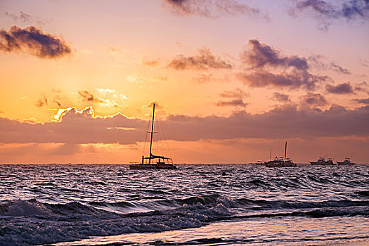 彩色,日出,游艇,海边风景,大西洋,多米尼加共和国,蓬塔卡纳