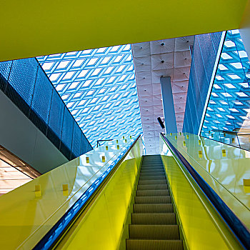 扶梯,亮黄色,图案,天花板,西雅图,中央图书馆,华盛顿,美国
