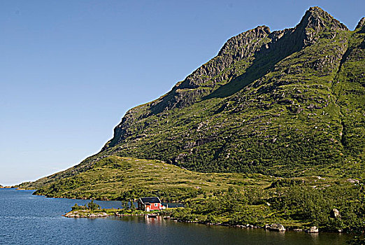 挪威,罗浮敦群岛,湖,房子