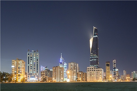 天际线,科威特城,光亮,夜晚,中东