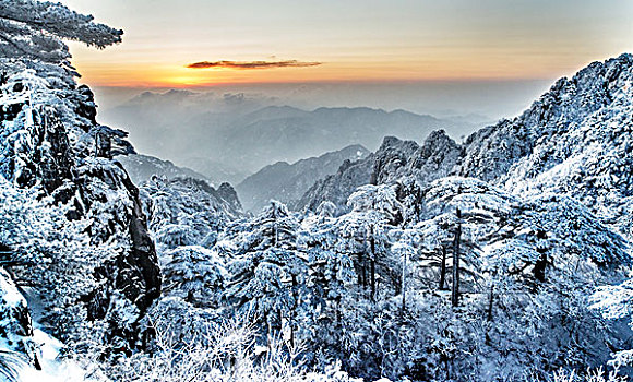雪景,黃山,日落,迎客松