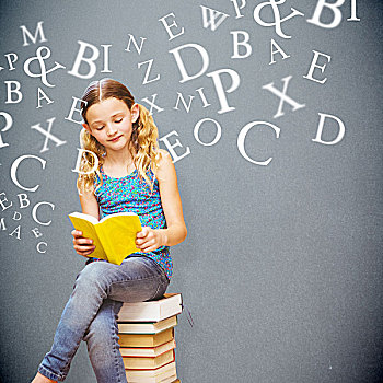 合成效果,图像,可爱,小女孩,读,书本,图书馆,灰色背景