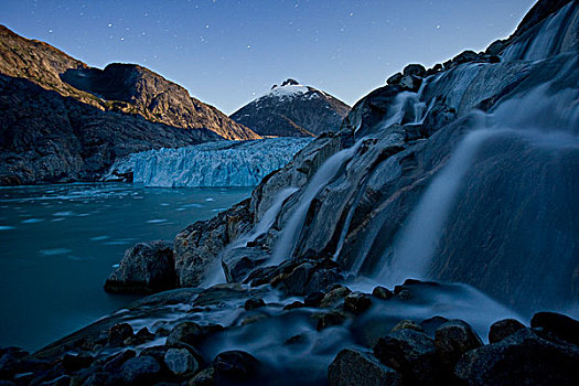 冰河,瀑布,夜晚,东南阿拉斯加,夏天