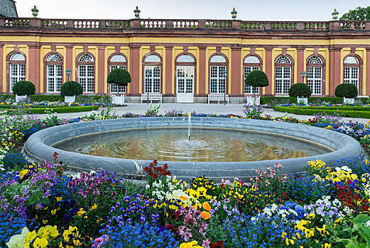 喷泉,宫苑,彩色,花,城堡,黑森州,德国,欧洲