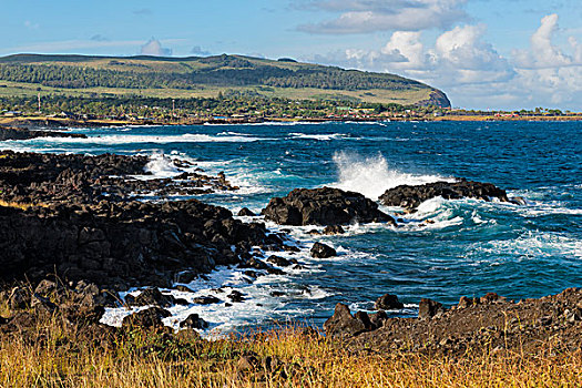 波浪,碰撞,岩石上,汉加洛,拉帕努伊国家公园,复活节岛,智利,南美