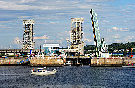 锁,打开,开合式吊桥,港口,河,魁北克,城市,加拿大