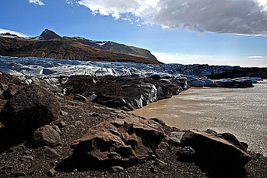 冰川冰,冰河,口鼻部,痕迹,火山灰,结冰,湖,瓦特纳冰川国家公园,南方,区域,冰岛,欧洲