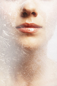 女人,嘴唇,后面,冰冻,玻璃