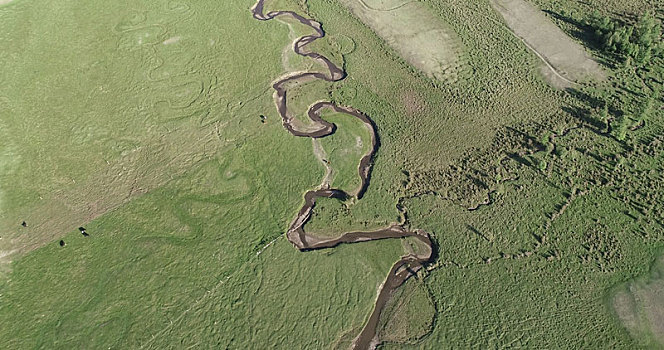 新疆哈密,草原上的河流造就的曲流,蜿蜒了一片美景