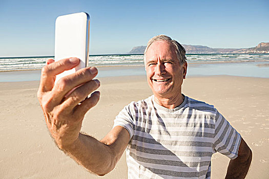高兴,老人,手机,海滩,晴天