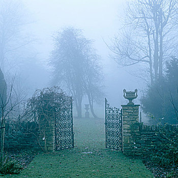 打开,金属,大门,英式花园,雾