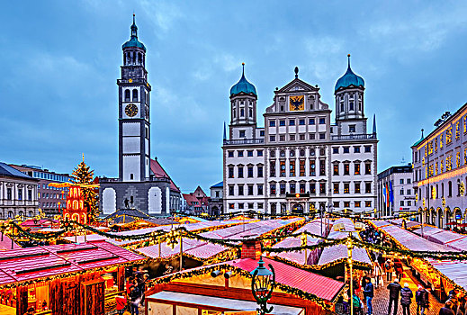 圣诞市场,塔,市政厅,黄昏,奥格斯堡,斯瓦比亚,巴伐利亚,德国,欧洲