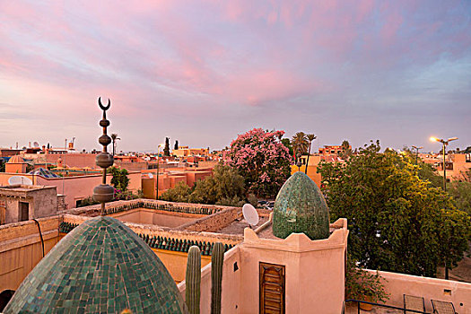 日落,上方,屋顶,马拉喀什,摩洛哥
