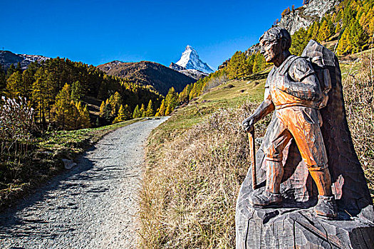 木质,雕塑,远足,小路,马塔角,策马特峰,瓦莱州,瑞士,欧洲