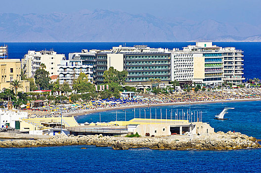 酒店,复杂,海滩,区域,罗得斯,罗德斯,岛屿,多德卡尼斯群岛,希腊,欧洲