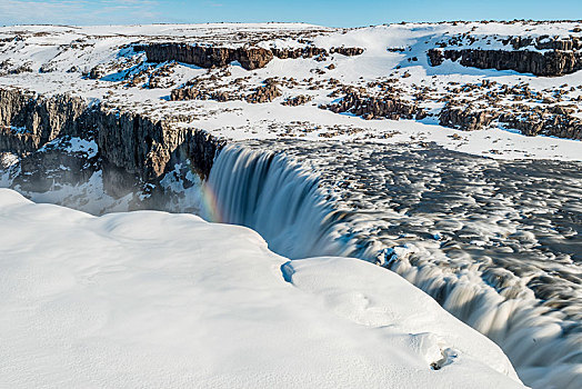 雪景,峡谷,落下,水,大量,瀑布,冬天,北方,冰岛,欧洲