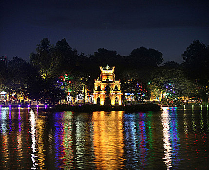 还剑湖,庙宇,夜晚,河内,越南,亚洲