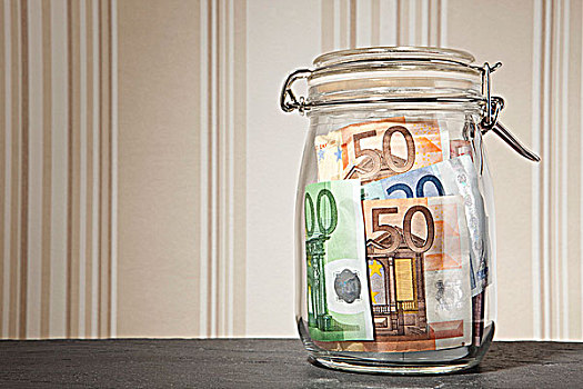 玻璃,钱,罐,欧元钞票,室内,桌子