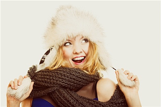 冬季时尚,高兴,美女,裘皮帽