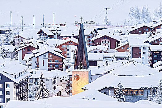 光亮,钟楼,教堂,下雪,瓦莱州,沃利斯,瑞士