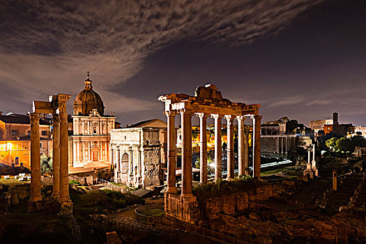 古罗马广场,寺庙,拱形,教堂,背影,角斗场,夜晚,罗马,拉齐奥,意大利,欧洲