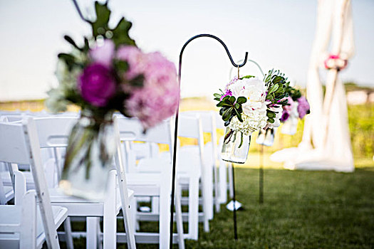 花,悬挂,排,椅子,婚礼