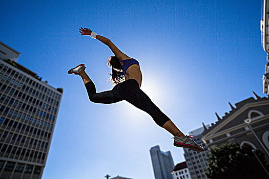 运动,女人,跳跃,空中,城市