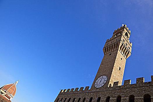 仰视,钟楼,韦奇奥宫,市政广场,佛罗伦萨,托斯卡纳,意大利