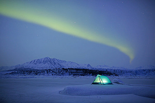 北极光,上方,照亮,帐蓬,冰河,阿拉斯加,冬天