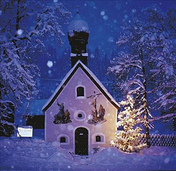 小,小教堂,教堂,圣诞树,靠近,黎明,冬天,雪,巴伐利亚,德国,欧洲,乡村,田园
