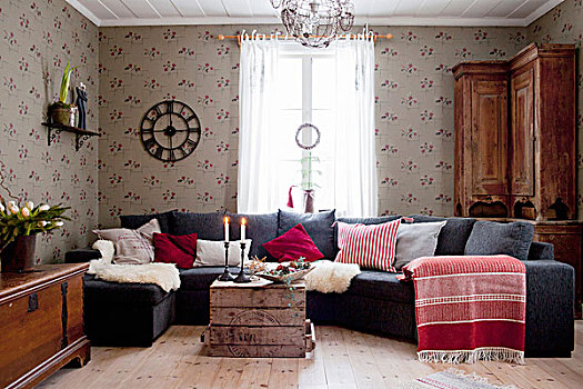 沙发,组合,多样,散落,垫子,羊皮,毯子,斯堪的纳维亚,客厅