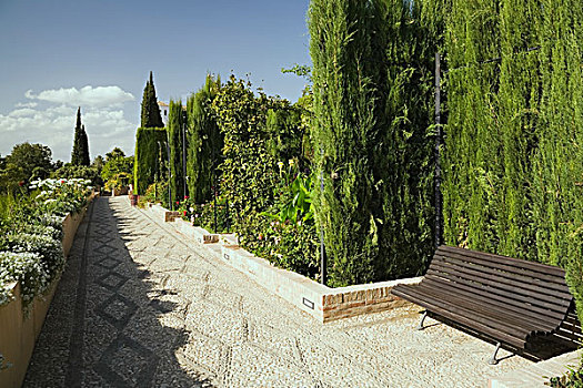 木质,坐,长椅,路,散步场所,鹅卵石,观赏花园,阿尔罕布拉宫,地面,格拉纳达,西班牙