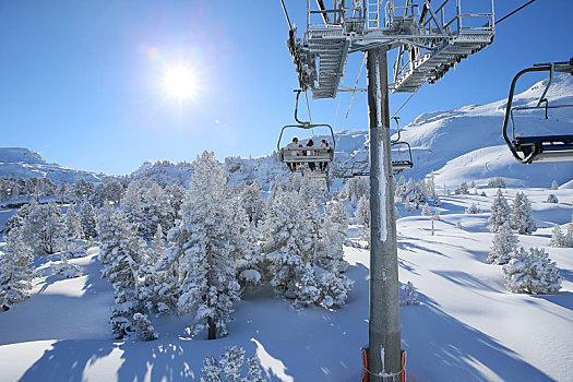 背面视角,滑雪,缆车,雪,山