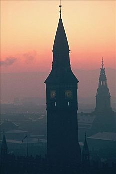 剪影,钟楼,黄昏,市政厅,哥本哈根,丹麦