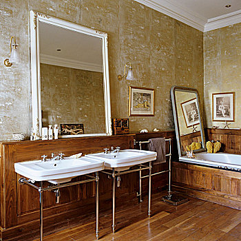 老式,浴室,两个,洗,盆,镜子,墙壁,高处,木护墙板