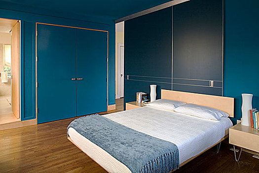 双人床,现代,蓝色,卧室