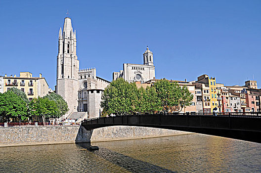河,桥,教堂,圣徒,大教堂,赫罗纳,加泰罗尼亚,西班牙,欧洲