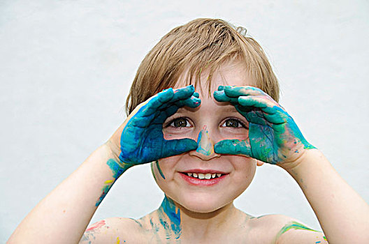 小男孩,三个,岁月,看,涂绘,手指