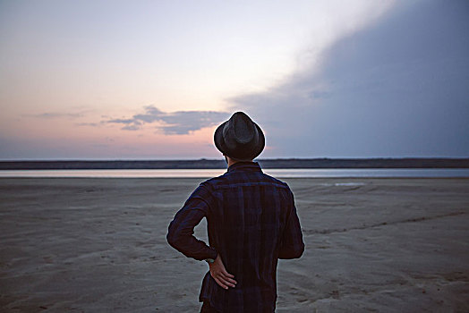 男人,帽子,海滩,日落,敖德萨,乌克兰