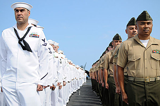 海军陆战队,水手,站立,专注,轨道,乘坐,航空母舰,里根号,美国海军