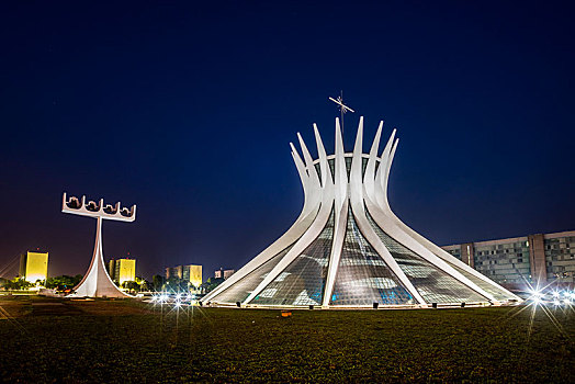 大教堂,夜晚,建筑师,奥斯卡-涅梅耶,巴西利亚,联邦,地区,巴西,南美