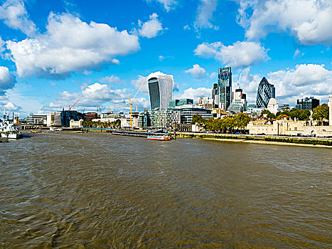 泰晤士河,天际线,步话机,摩天大楼,伦敦,英格兰,英国,欧洲