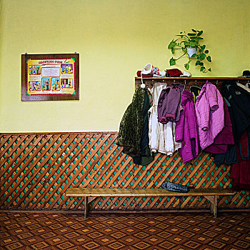 黄色,房间,冬天,外套,悬挂,向上,学校,门廊,罗马尼亚,2009年