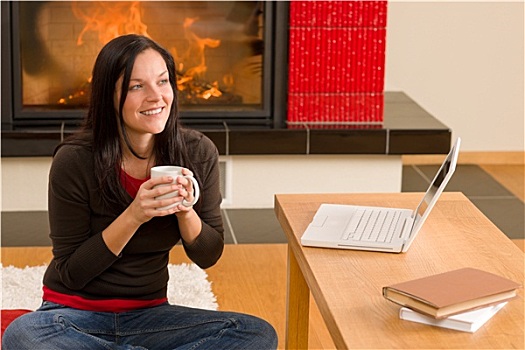 家,生活方式,女人,笔记本电脑,壁炉